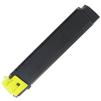 A black toner cartridge with a yellow cap.
