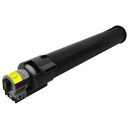 Black toner cartridge with yellow label for a printer.