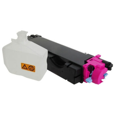 Magenta toner cartridge with attached waste container for laser printers.