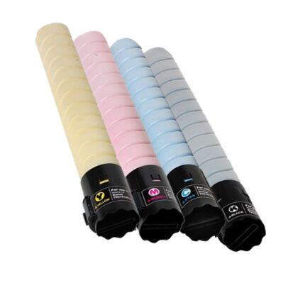 Four colorful toner cartridges in beige, pink, blue, and gray.