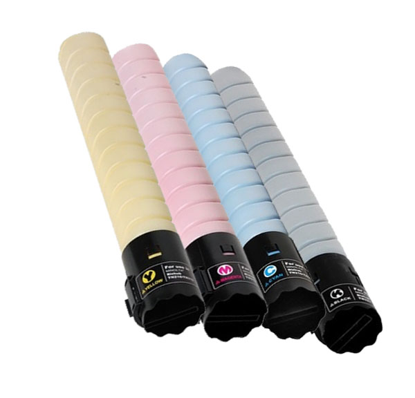 Four colorful toner cartridges in beige, pink, blue, and gray.