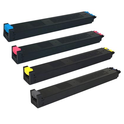 Set of four color toner cartridges for printers.
