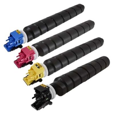 Four color-coded printer toner cartridges arranged together.