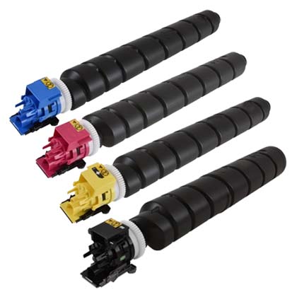Four color-coded printer toner cartridges arranged together.