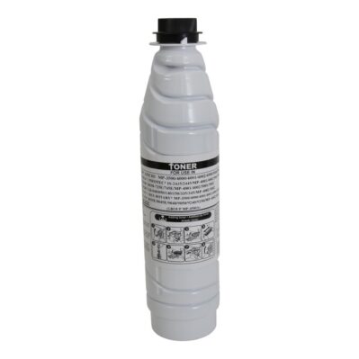 A white toner cartridge bottle with black cap and label.