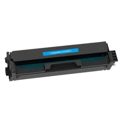 Black toner cartridge with a blue label for printers.